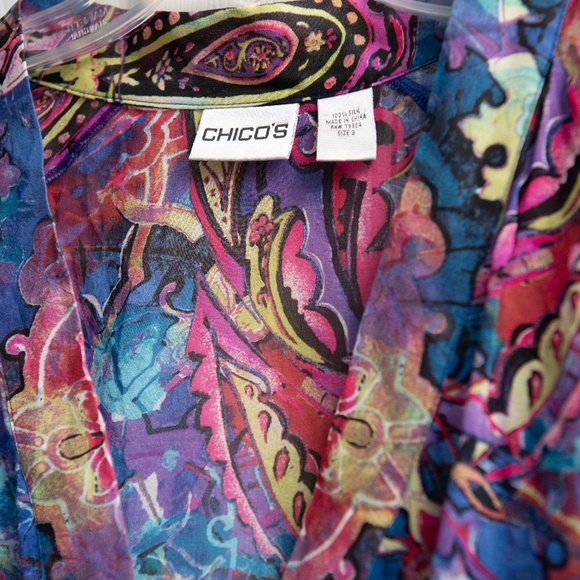 Chico's 100% Silk Top Blouse Women's XL Sheer Wearable Art Colorful Paisley - Picture 2 of 4